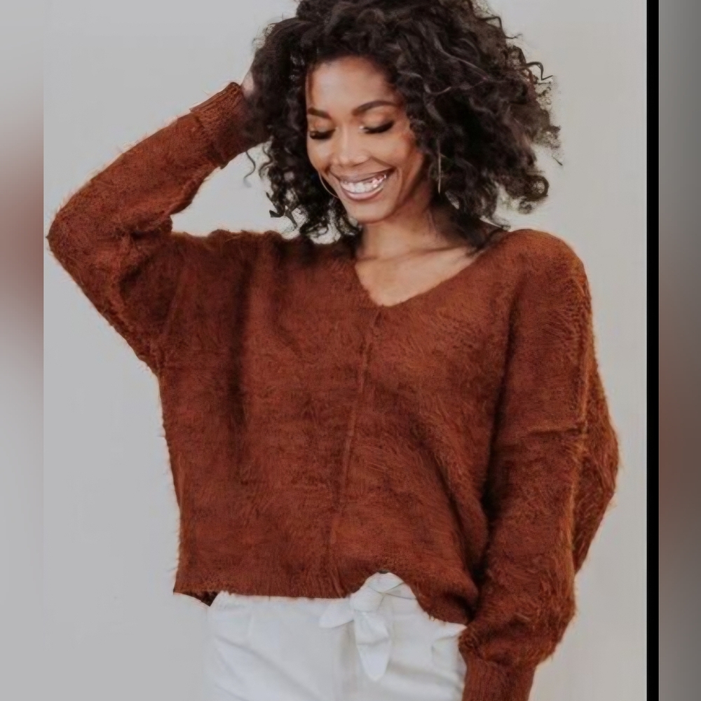 Free People Icing V Cozy Fluffy Oversized Bohemian Chic Sweater Sz SP